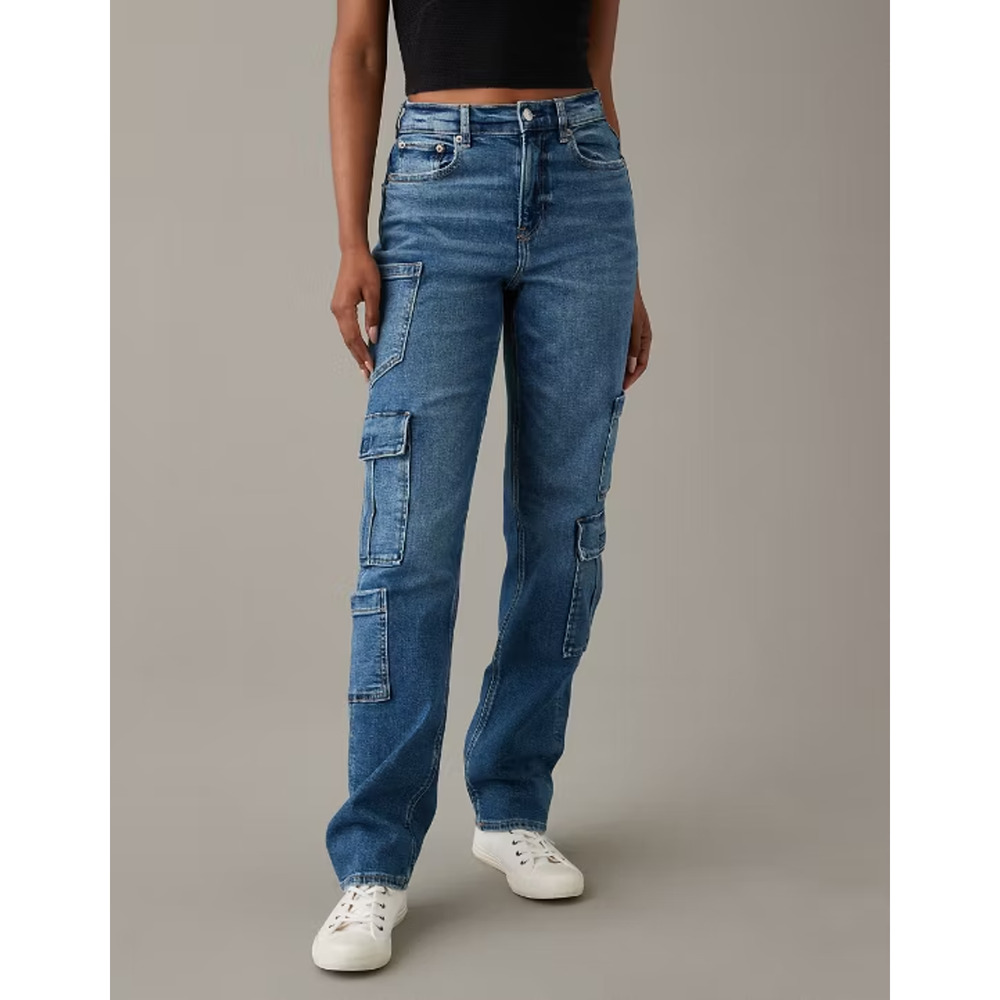 American Eagle Stretch Super High-Waisted Baggy Straight Cargo Jean Sz 4 AEO